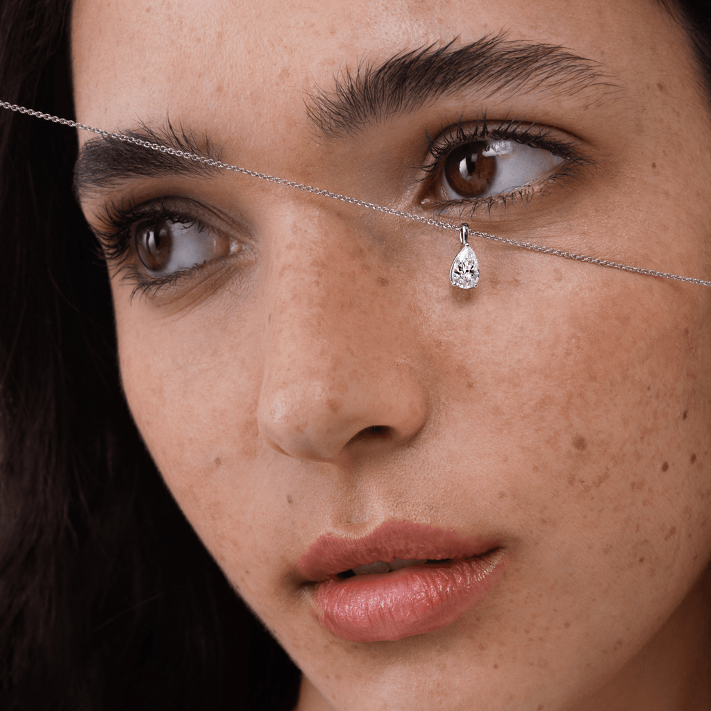 1-carat pear-shaped diamond pendant necklace in lab-created white gold setting, elegant jewelry piece.