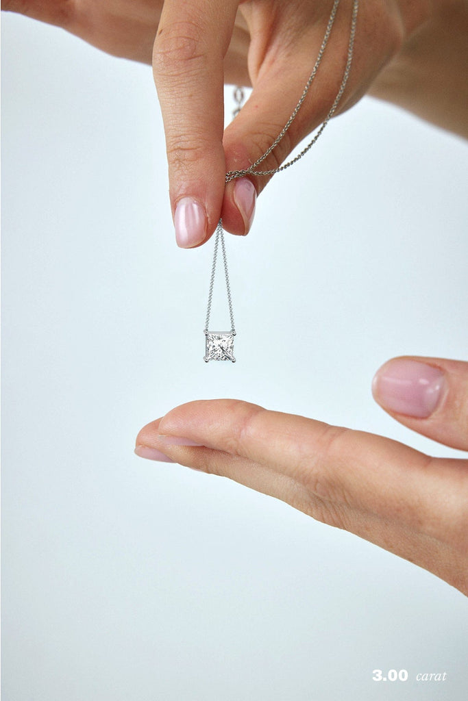 Princess Floating Diamond Necklace on Model in 14K White Gold