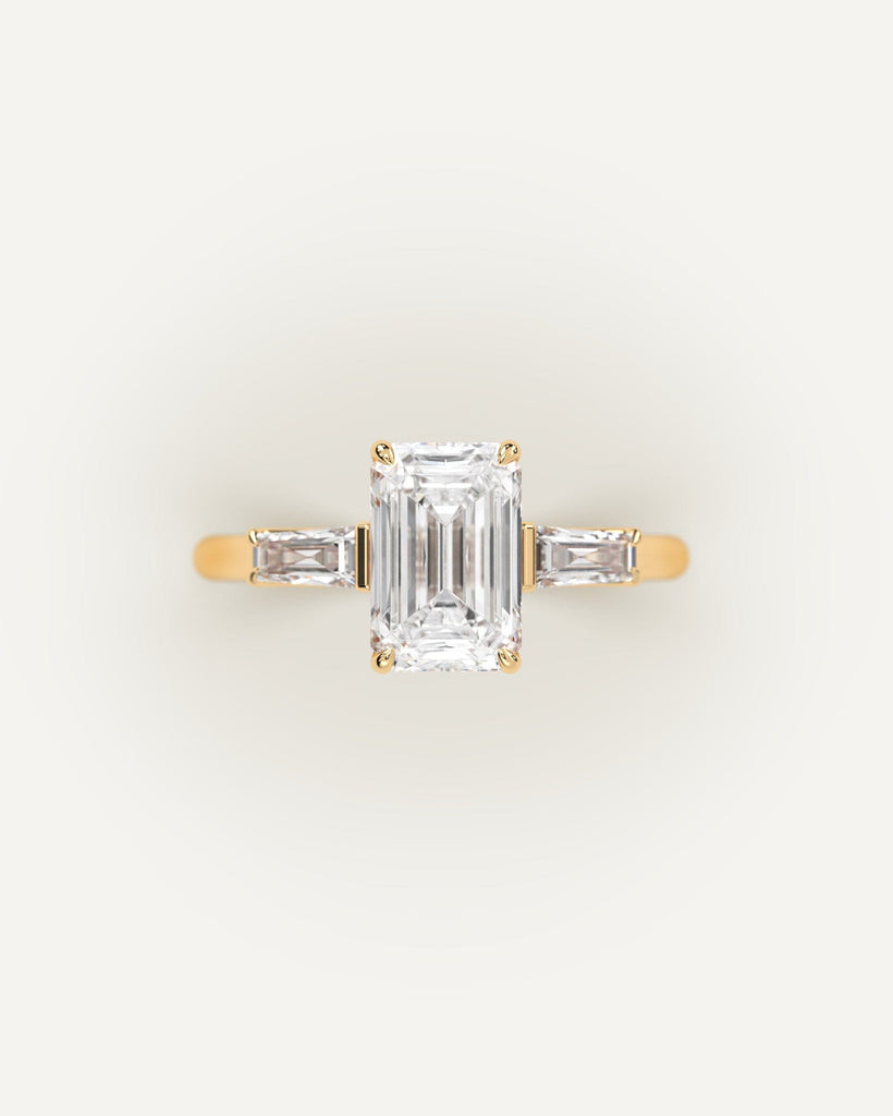 Gold 3-Stone Emerald Cut Diamond Ring Setting No Diamond