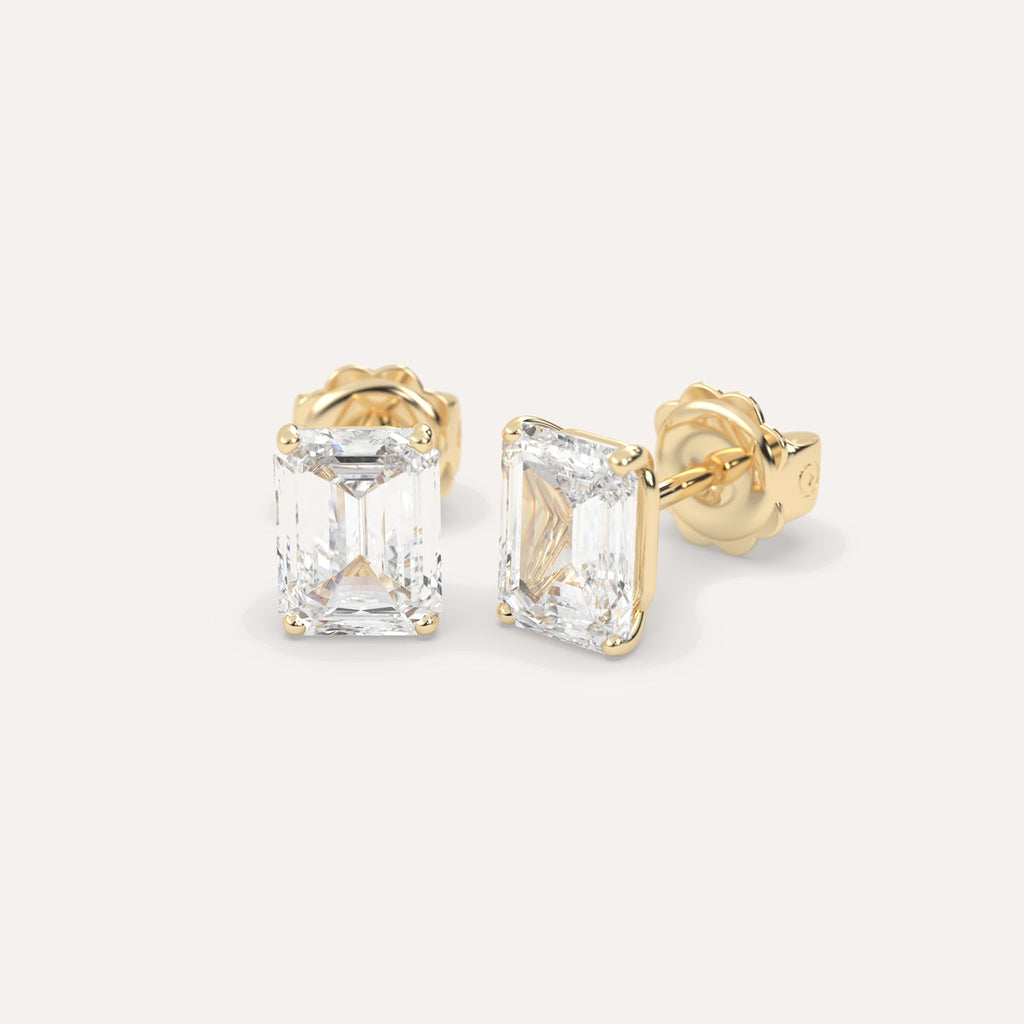 Emerald Diamond Stud Earrings Pair Yellow Gold