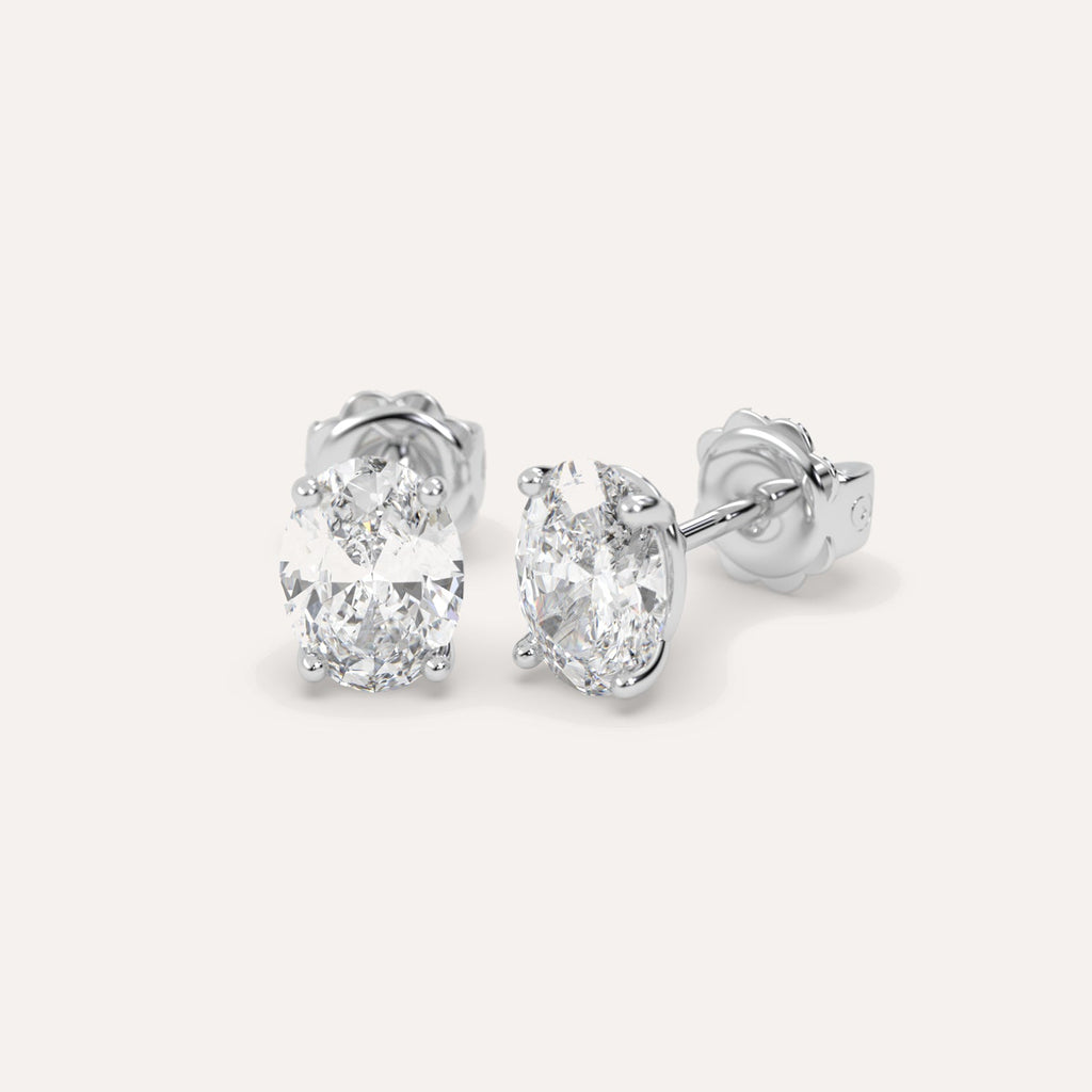 Oval Diamond Stud Earrings Pair White Gold