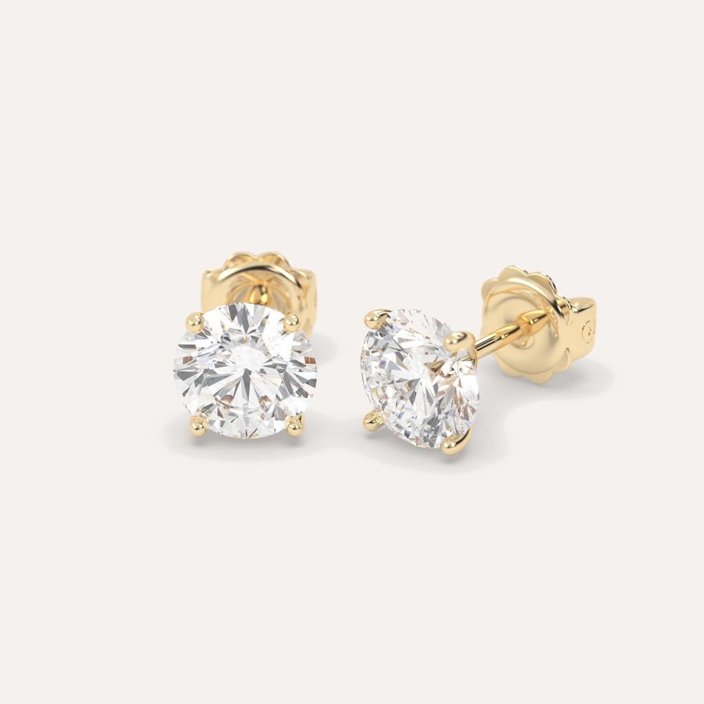 Round Diamond Stud Earrings Pair Yellow Gold