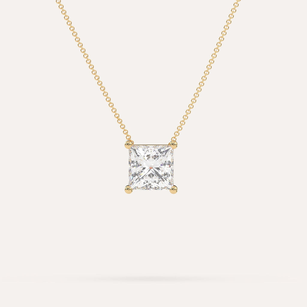 Princess Floating Diamond Necklace on Model in 14K Yellow Gold