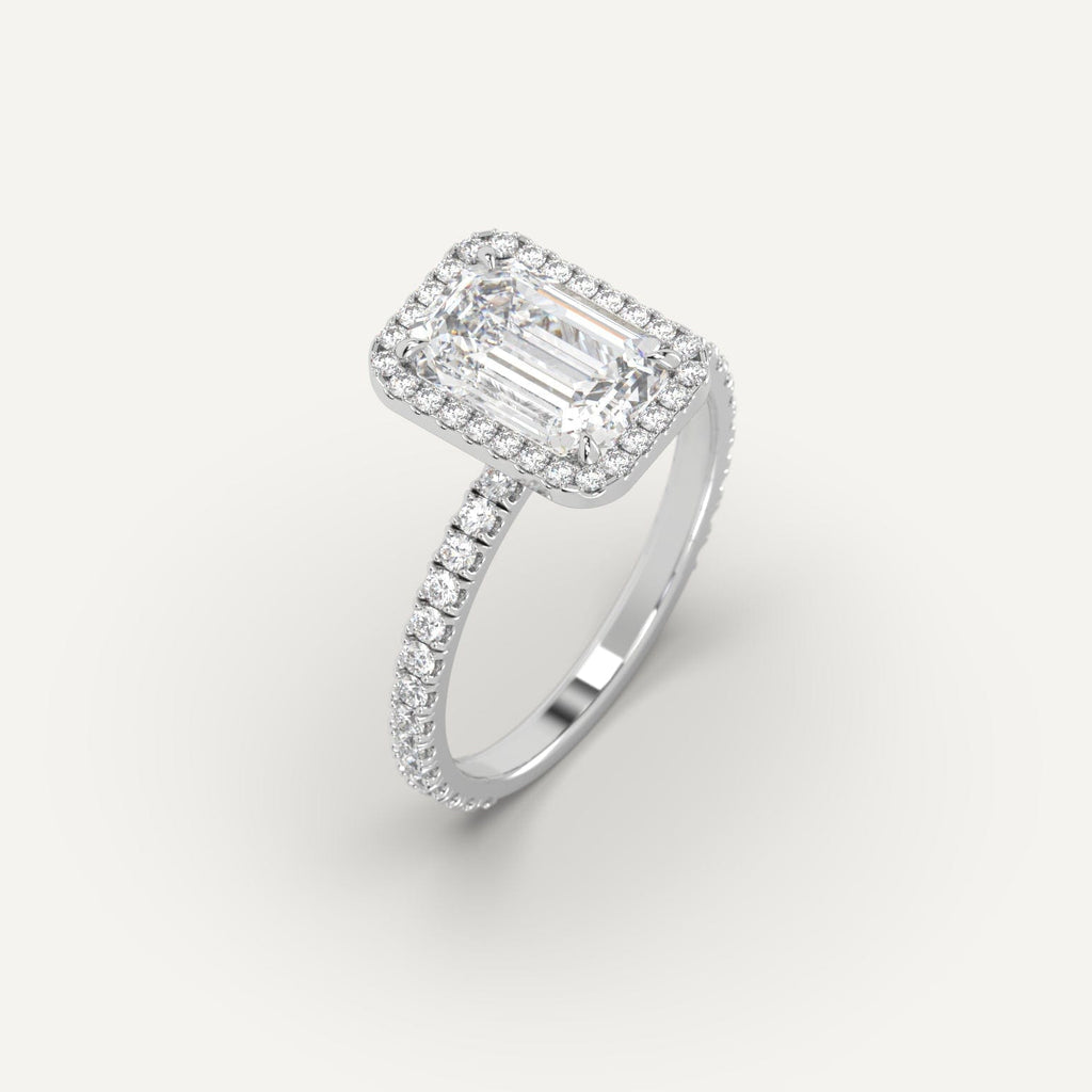 White Gold Halo Emerald Cut Diamond Ring Setting
